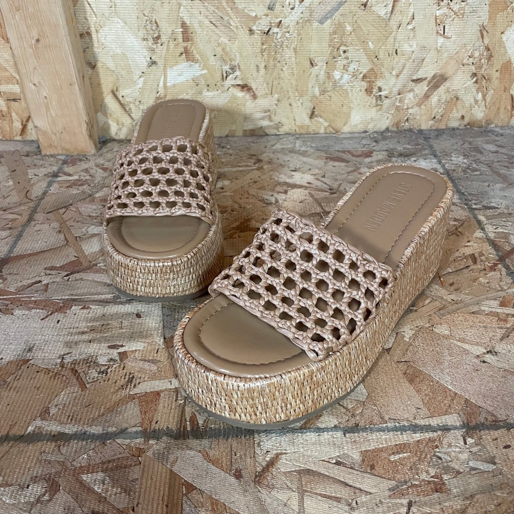 Steve Madden Brandy Platform Sandals Womens 6.5 Tan Woven Raffia Wedge Slides